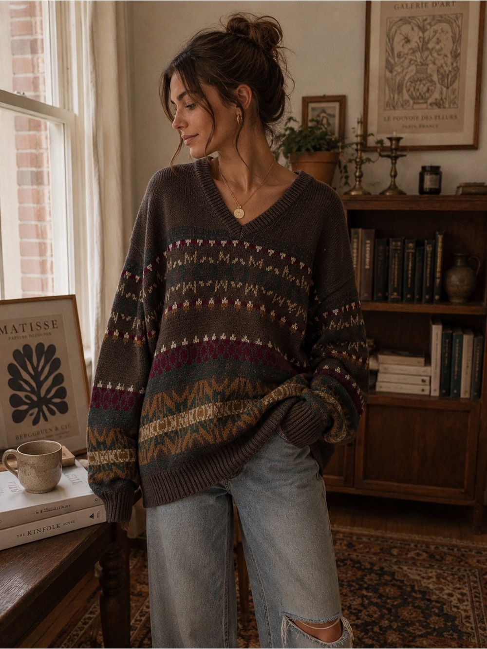 Vintage 90s Sears Men’s Store Fair Isle V-Neck Sweater Grandpa Core Knit